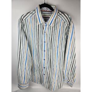 Robert Graham Mens XL‎ Striped Shirt w/Tropical Flip Cuff